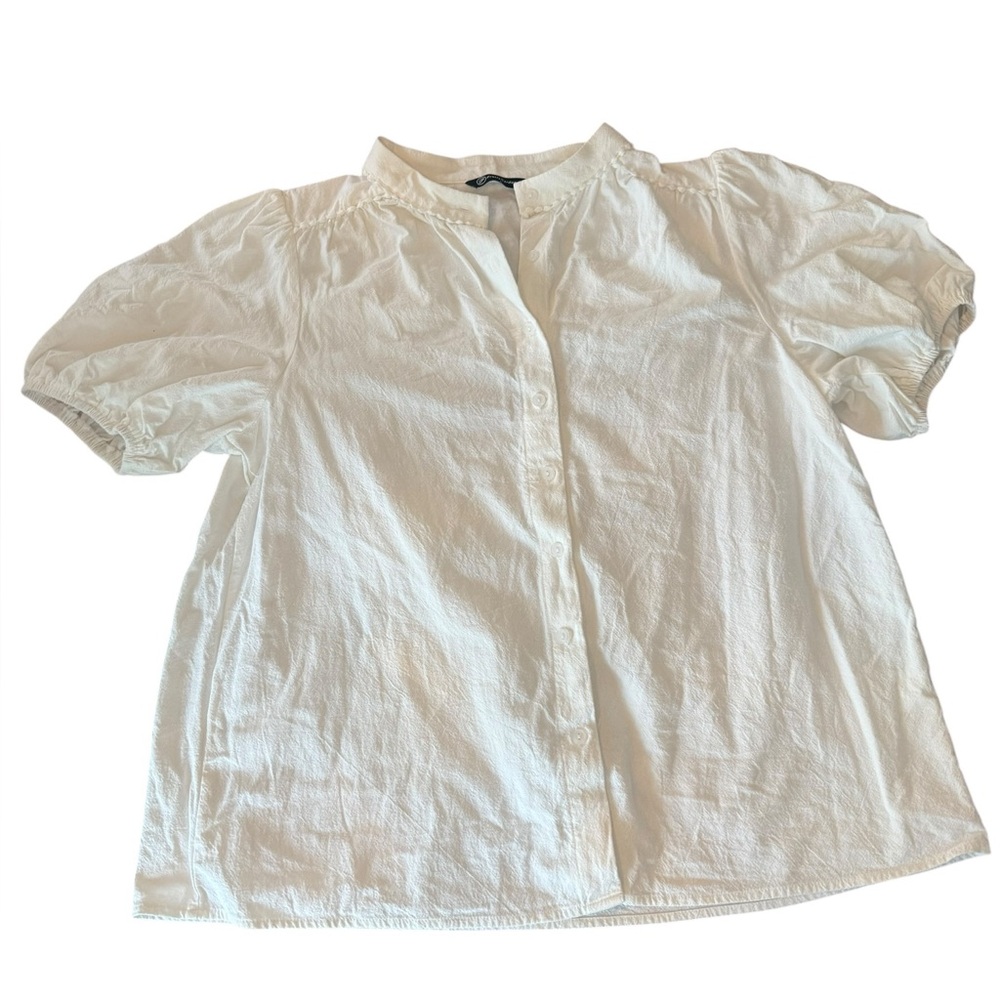 Puff Sleeve Band Collar Button Down White 100% Cotton